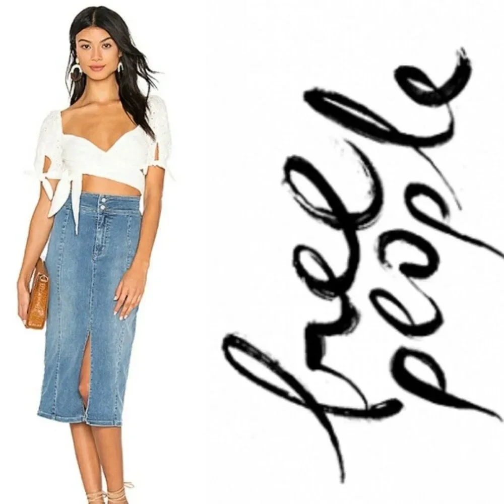 We the Free Maddie Denim Jean Straight Midi Skirt Blue Front Slit Boho Sz 10